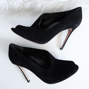 Gianvito Rossi Black Suede Peep Toe Stiletto Pumps Office Siren Classic Glam